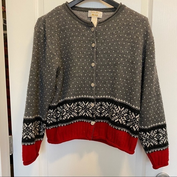 Vintage Sweaters - Vintage Gray Red Fair Isle Cardigan Size Small